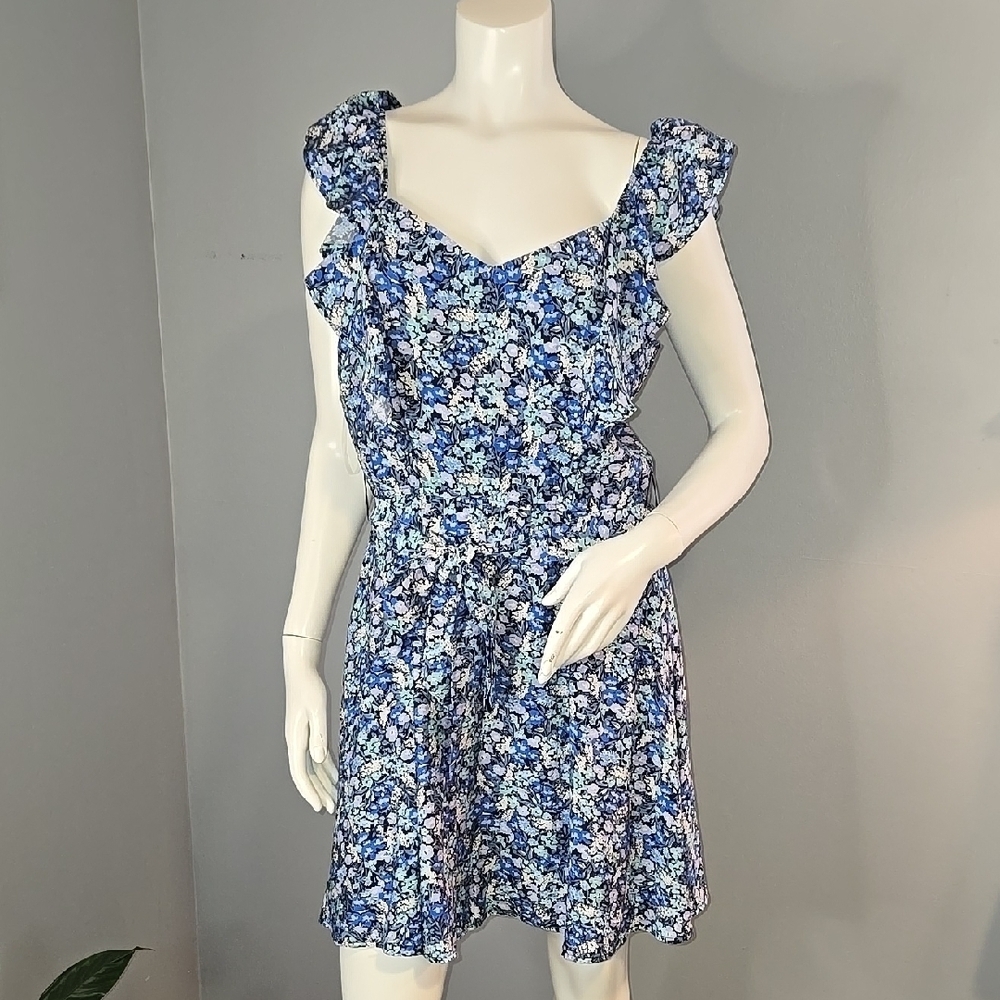 Trixxi Blue Floral Mini Sundress Flutter Sleeves Sweetheart Neck Pockets Size XL